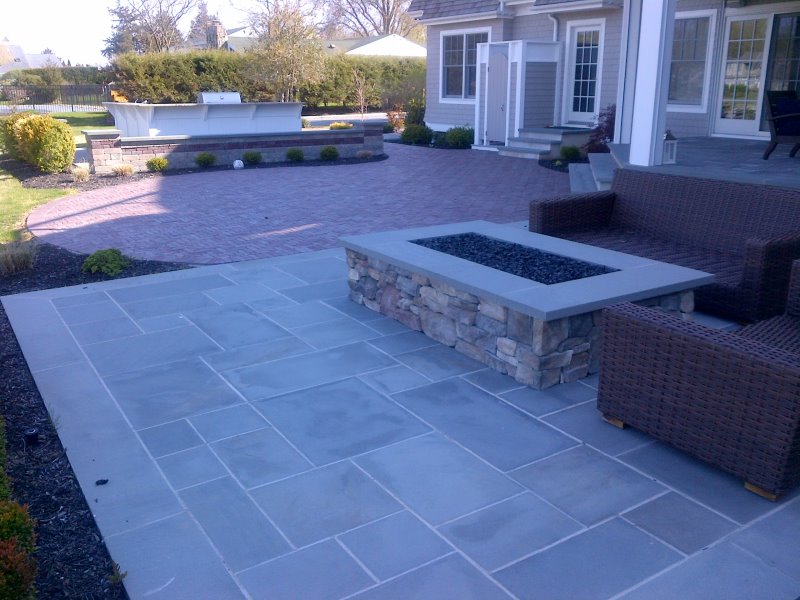 bluestone patio with rectangular fire pit